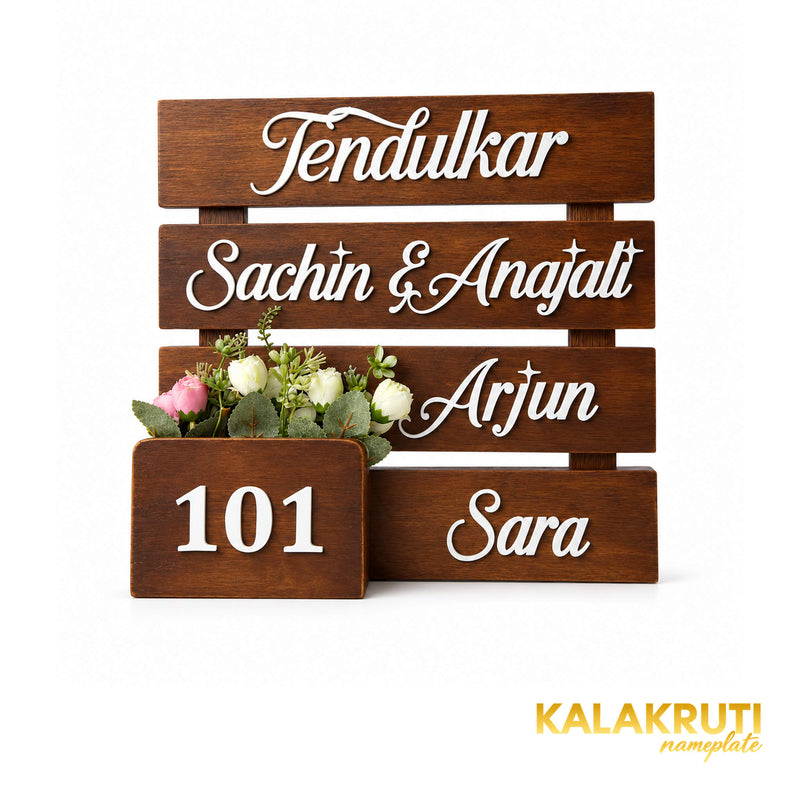Four-Slat Wooden Planter Nameplate | Tendulkar Family 101 — table (KKWN013)