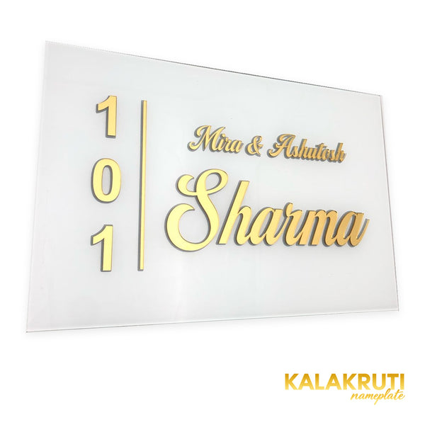Mira & Ashutosh Sharma 101 white acrylic LED nameplate — Left angle LED off
