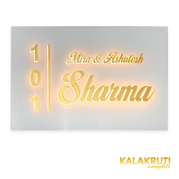 Mira & Ashutosh Sharma 101 white acrylic LED nameplate — Front warm LED on