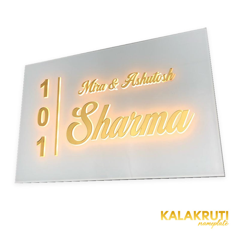 Mira & Ashutosh Sharma 101 white acrylic LED nameplate — Right angle warm LED on