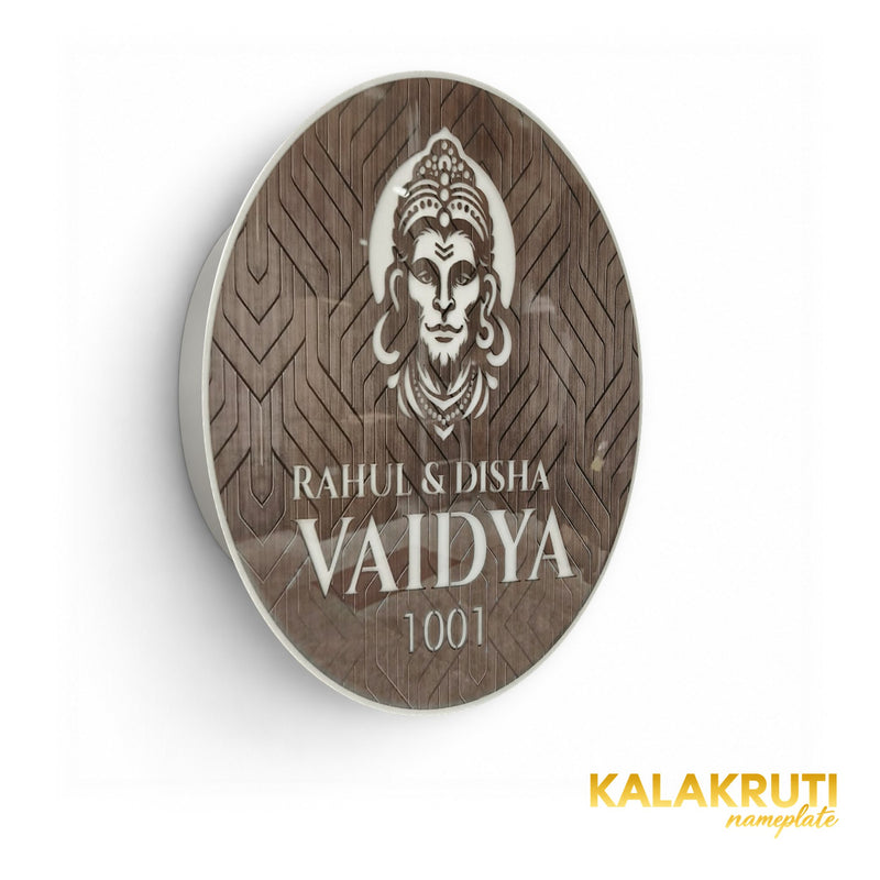 Vaidya 1001 Hanuman round LED nameplate — Left angle LED off, confirmed inset circular rear box