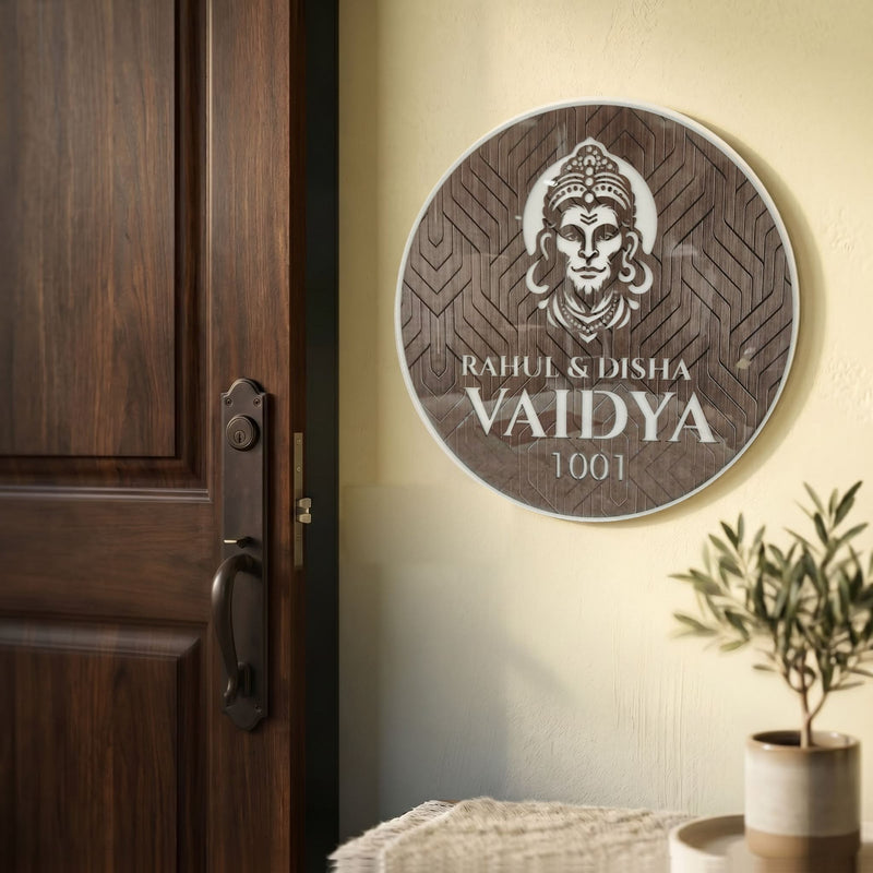 Vaidya 1001 Hanuman round LED nameplate — Supplied installed scene, LED off