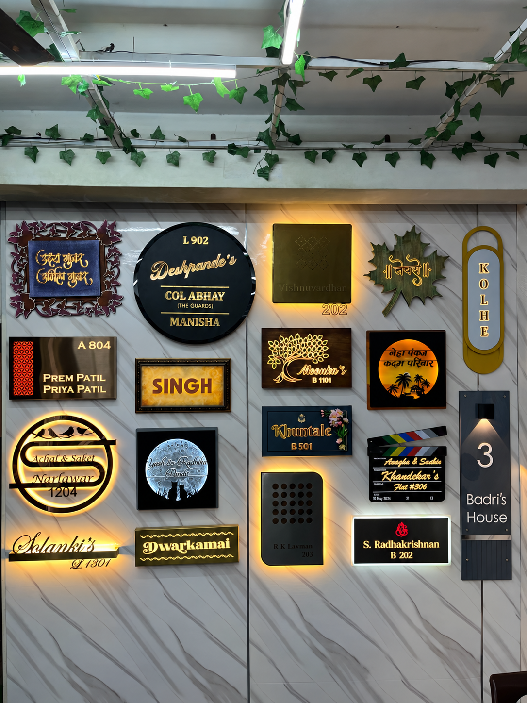 A display of illuminated LED nameplates