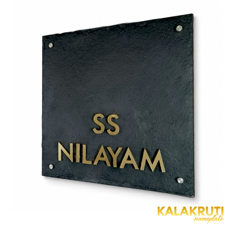 SS Nilayam square black stone nameplate, right angle retaining original brass lettering and spacious upper layout