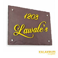 Lawate brown stone and yellow acrylic nameplate, left oblique view showing the script flourish,1203 and four silver-tone caps