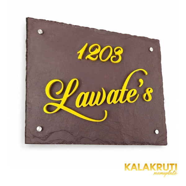 Lawate brown stone and yellow acrylic nameplate, left oblique view showing the script flourish,1203 and four silver-tone caps
