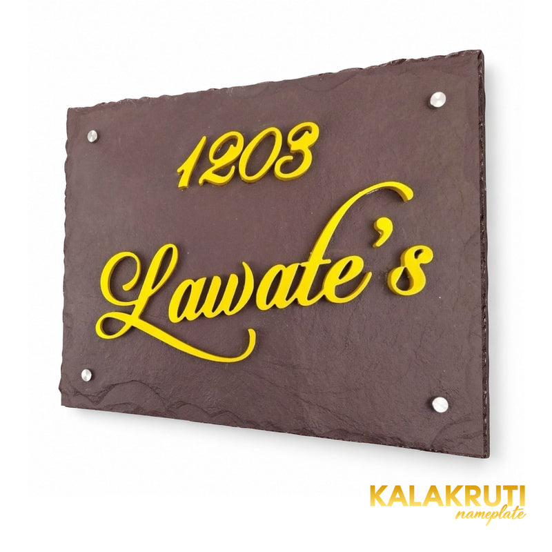 Lawate brown stone and yellow acrylic nameplate, right oblique view showing the script flourish,1203 and four silver-tone caps