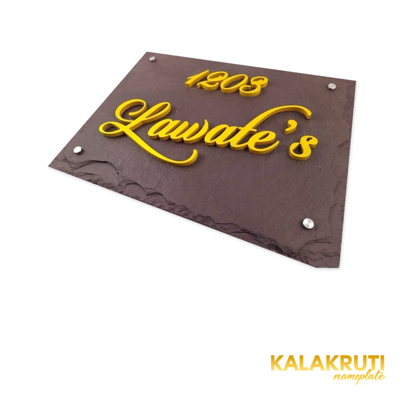 Lawate nameplate, low right tabletop angle showing the yellow acrylic depth on a white studio background