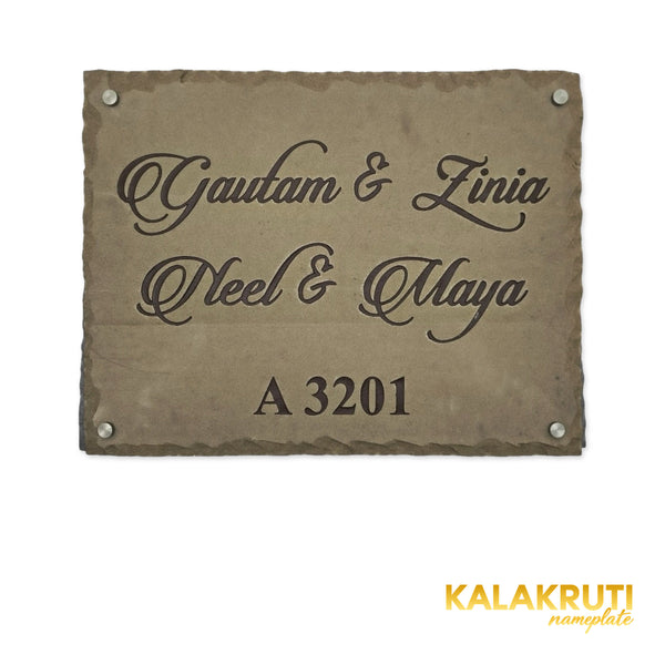 Gautam & Family nameplate, level front view on a white studio background