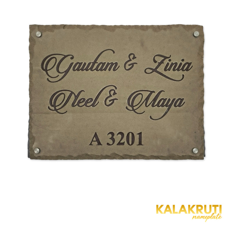 Gautam & Family nameplate, level front view on a white studio background
