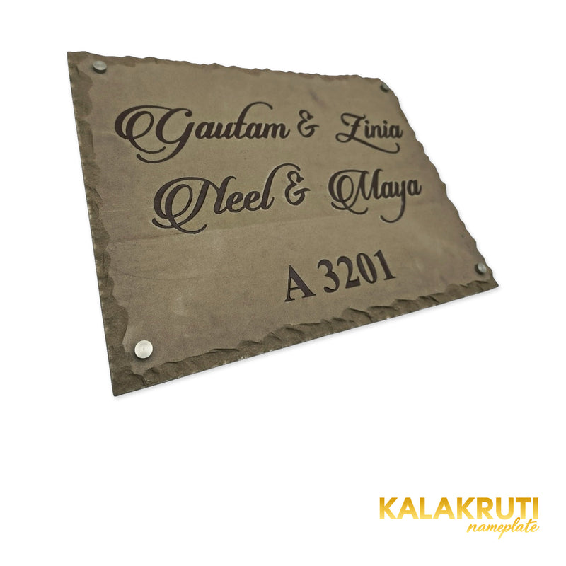Gautam & Family nameplate, left oblique view on a white studio background