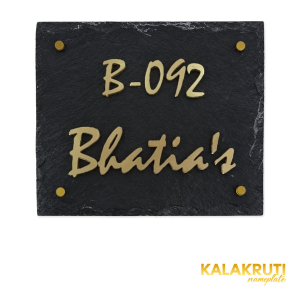 Bhatia nameplate, level front view on a white studio background