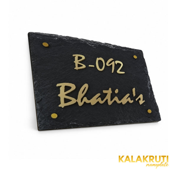 Bhatia black stone nameplate with5mm brass script, left oblique view showing B-092 and four gold-tone caps