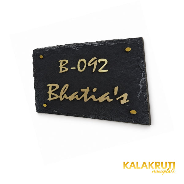 Bhatia black stone nameplate with5mm brass script, right oblique view showing B-092 and four gold-tone caps
