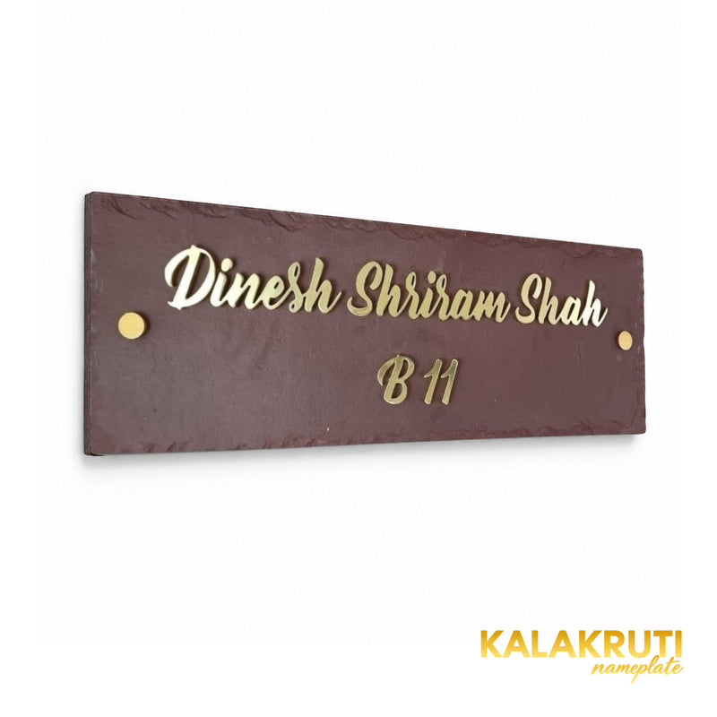 Dinesh Shriram Shah brown stone nameplate, left angle showing the original brass script, B 11 and two gold-tone caps