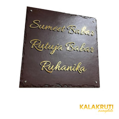 Sumeet & Rutuja Babar nameplate, left oblique view on a white studio background