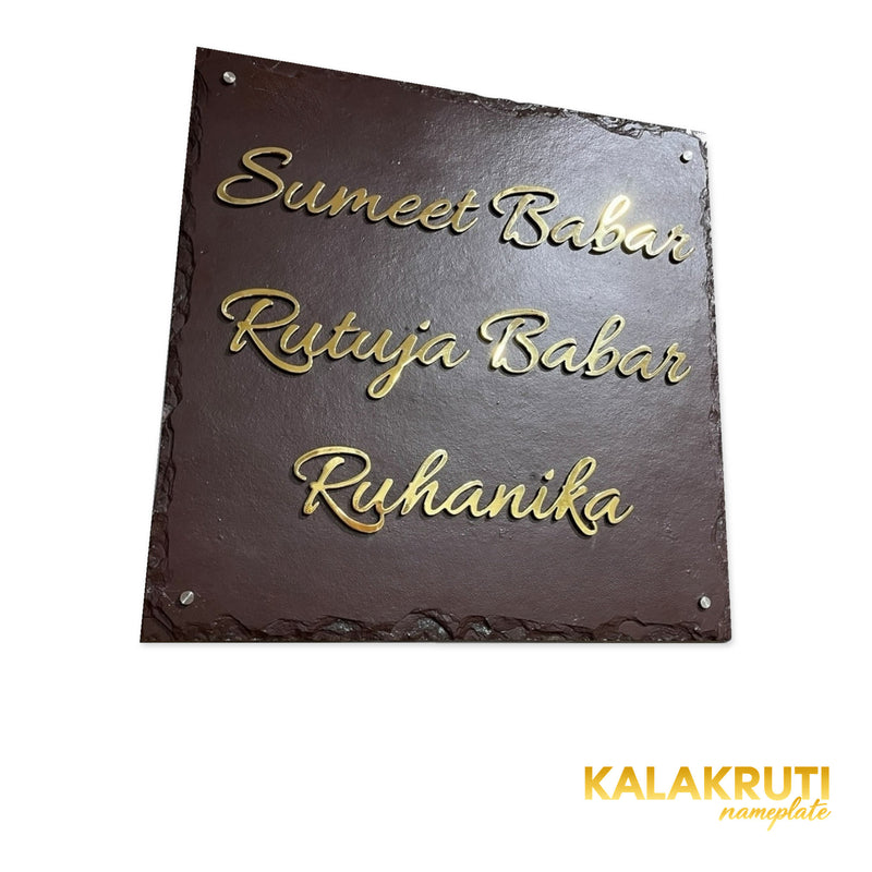Sumeet & Rutuja Babar nameplate, left oblique view on a white studio background