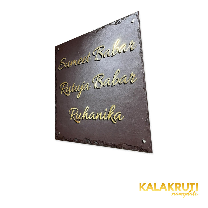 Sumeet & Rutuja Babar nameplate, right oblique view on a white studio background