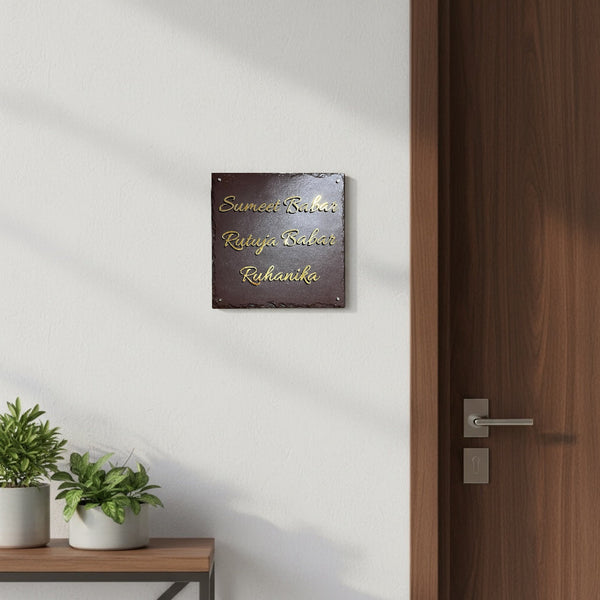 Sumeet and Rutuja Babar family nameplate in the supplied wider apartment entrance scene with a wooden door