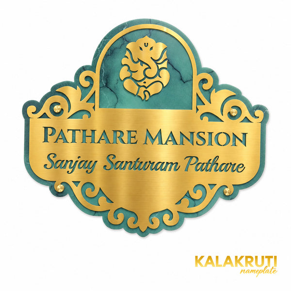 Pathare Mansion nameplate, level front view on a white studio background