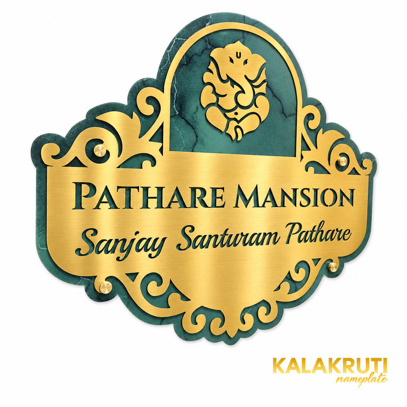 Pathare Mansion nameplate, left oblique view on a white studio background