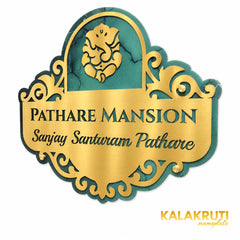 Pathare Mansion nameplate, right oblique view on a white studio background
