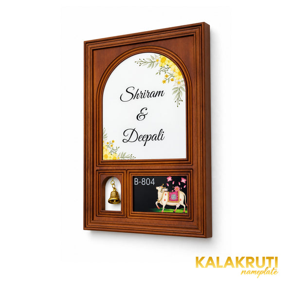 Right-end-nearer view of the wooden frame with printed acrylic panels, original hanging bell and open-through bell arch.